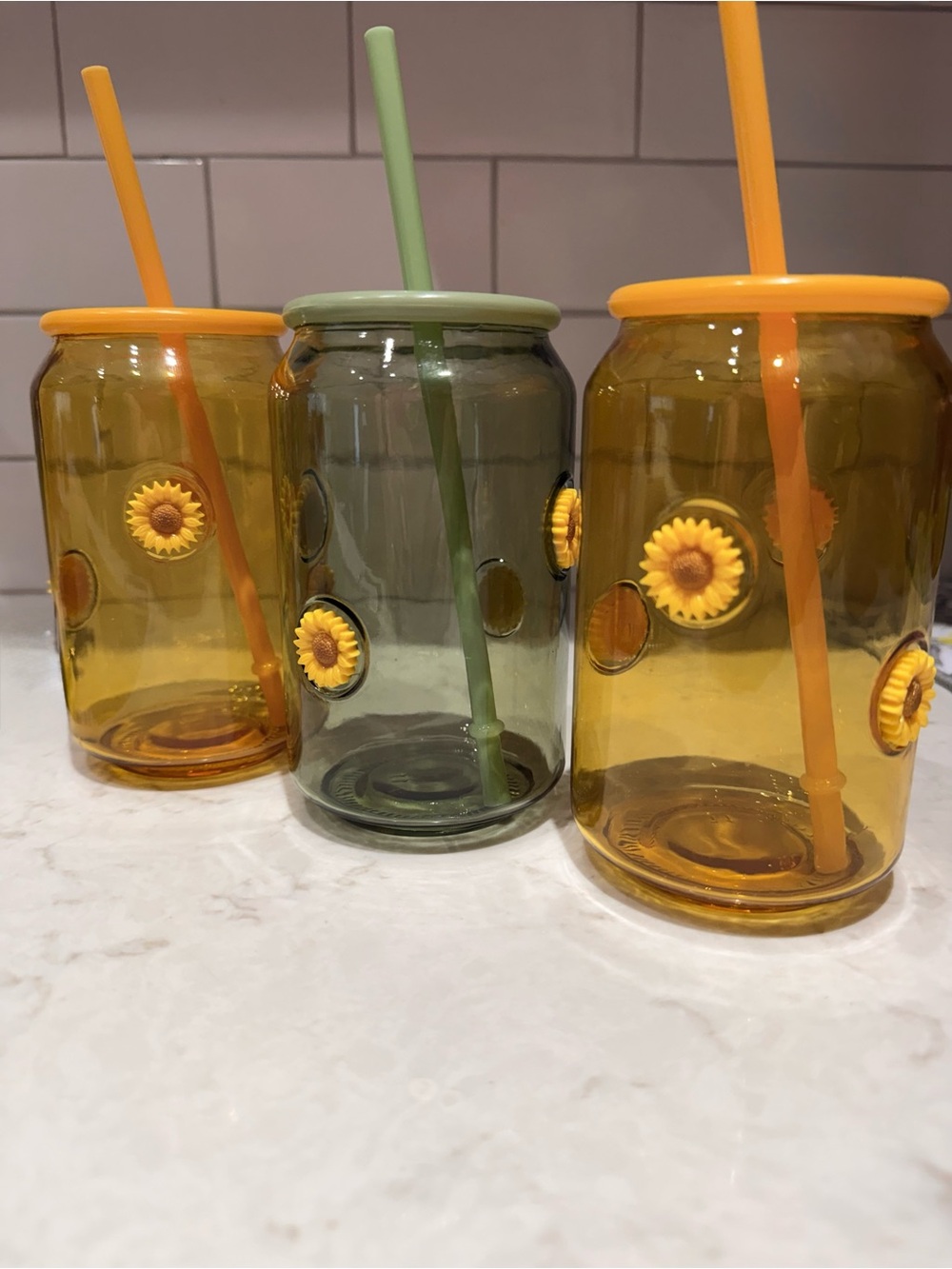 Sunflower Glass Canister Tumblers with Straws - Amber & Olive